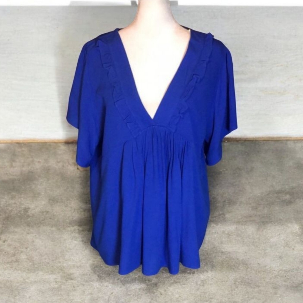 NWT Umgee V-neck Ruffle Peasant Blouse in Cobalt Blue Size Medium